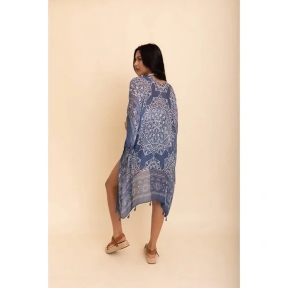 Navy Blue Mandala Printed Tassel Open Kimono Coverup Casual Wrap One Size - Picture 4 of 4